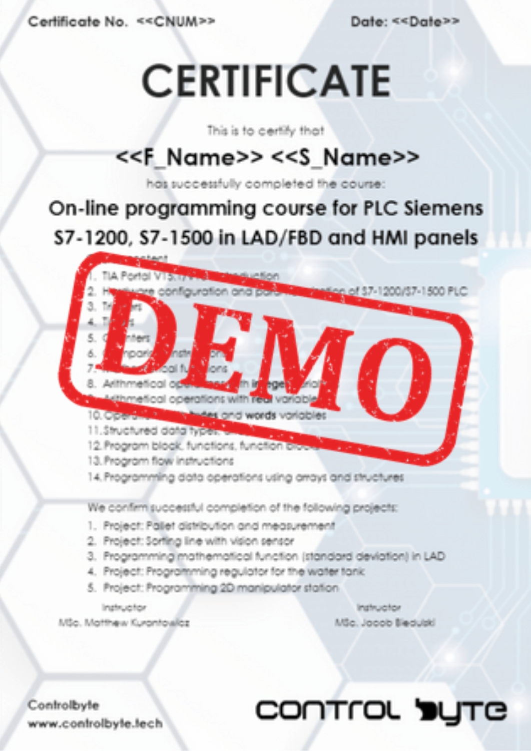 Sample ControlByte certificate