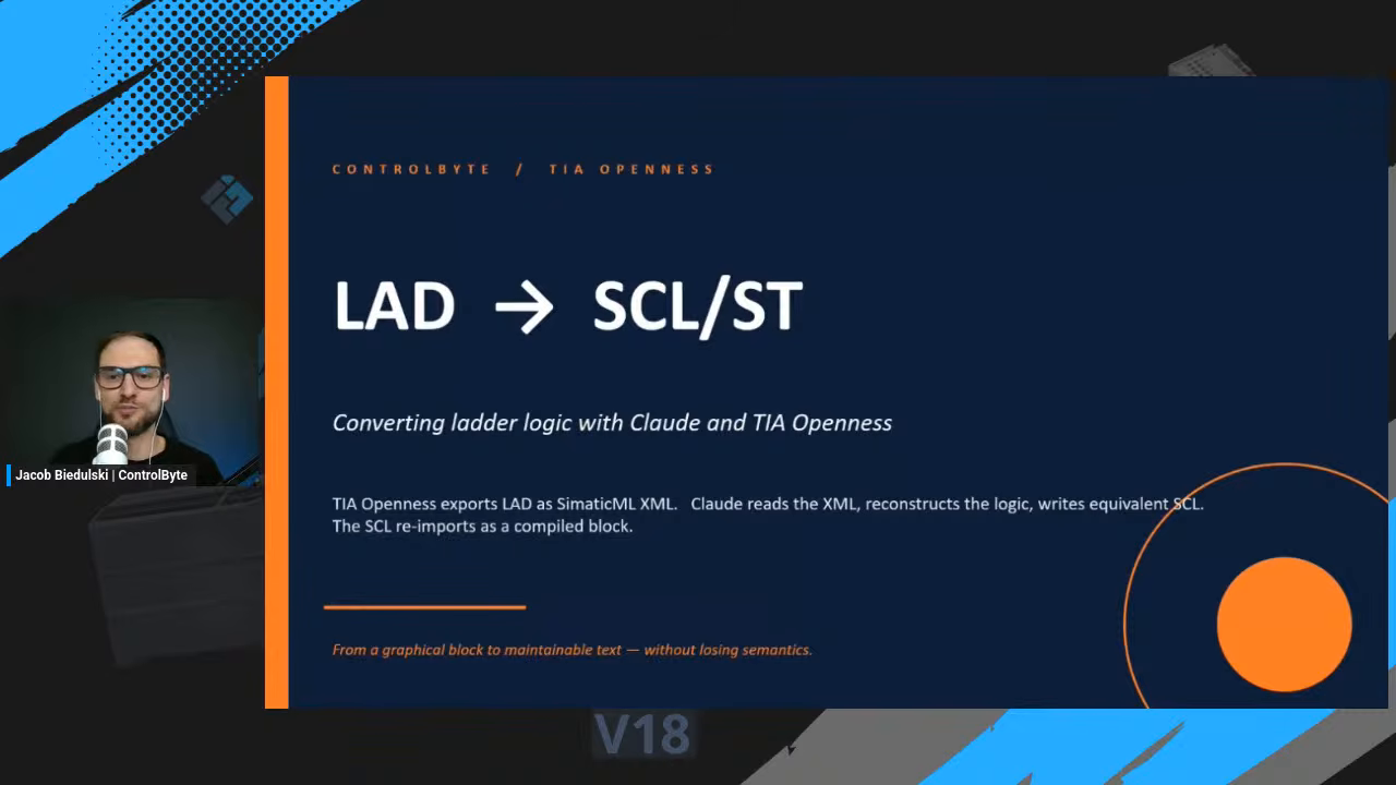 Workshop title slide on how to convert ladder logic to SCL and ST with Claude and TIA Openness