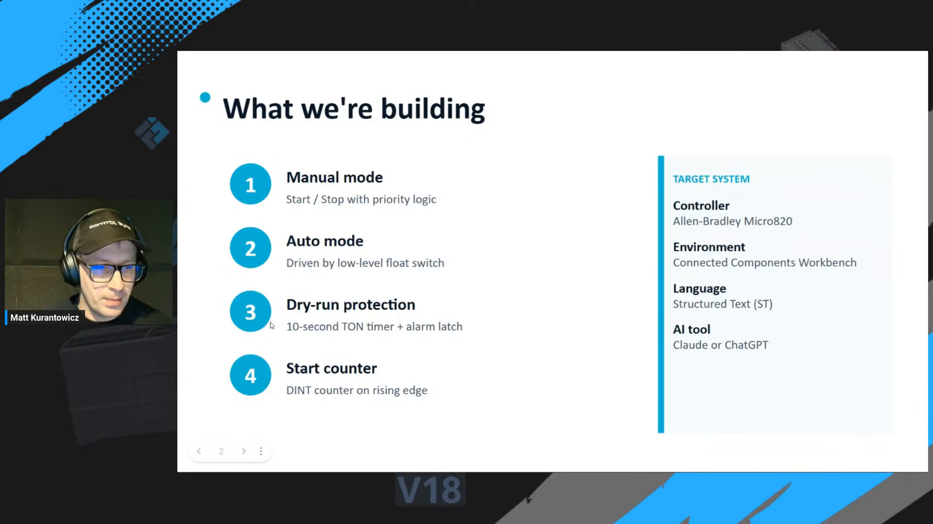 What we are building: manual mode, auto mode, dry-run protection and a start counter on a Micro820 in Connected Components Workbench