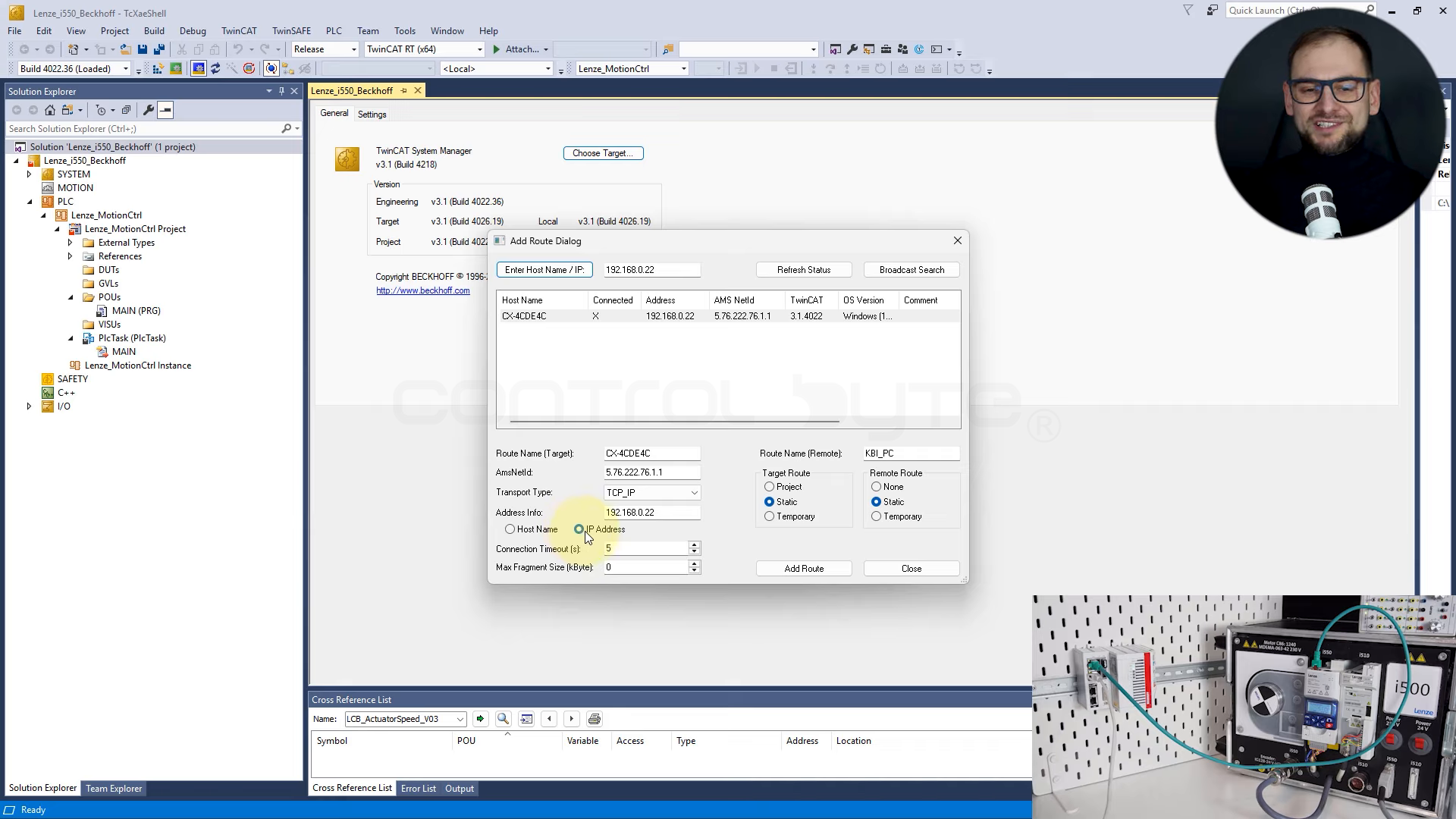Adding a route and connecting to the Beckhoff PLC in TwinCAT.