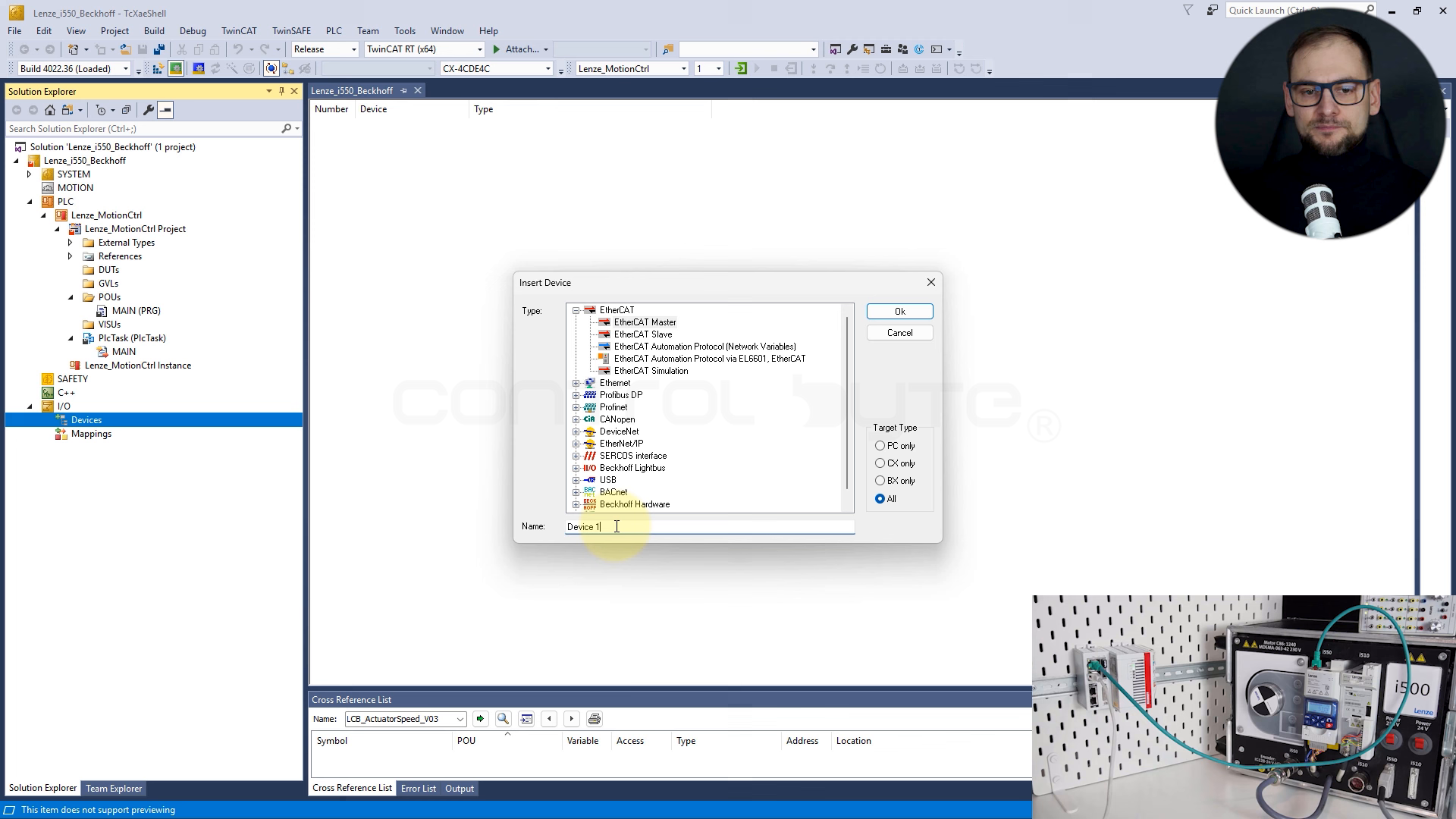 Adding an EtherCAT Master in the TwinCAT project (Add New Item).