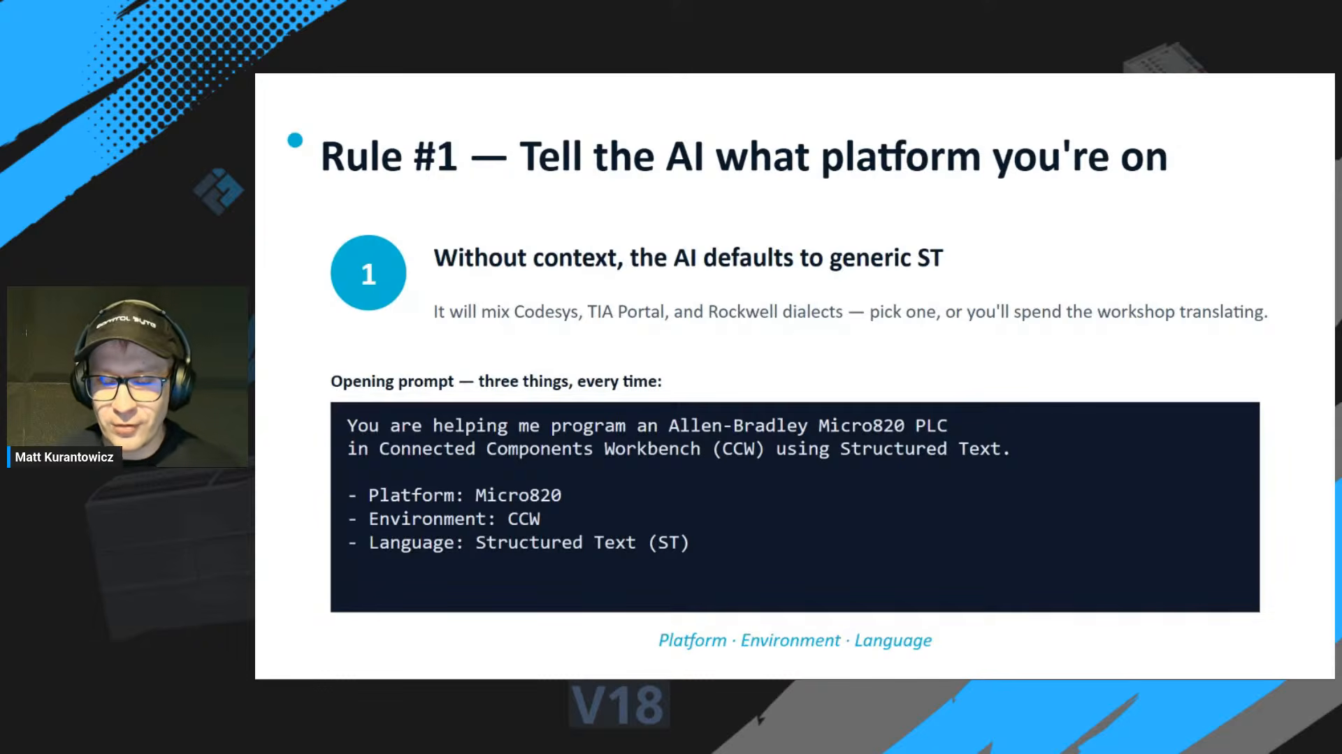 Rule 1: tell the AI the platform, environment and language so it does not mix CODESYS, TIA Portal and Rockwell dialects