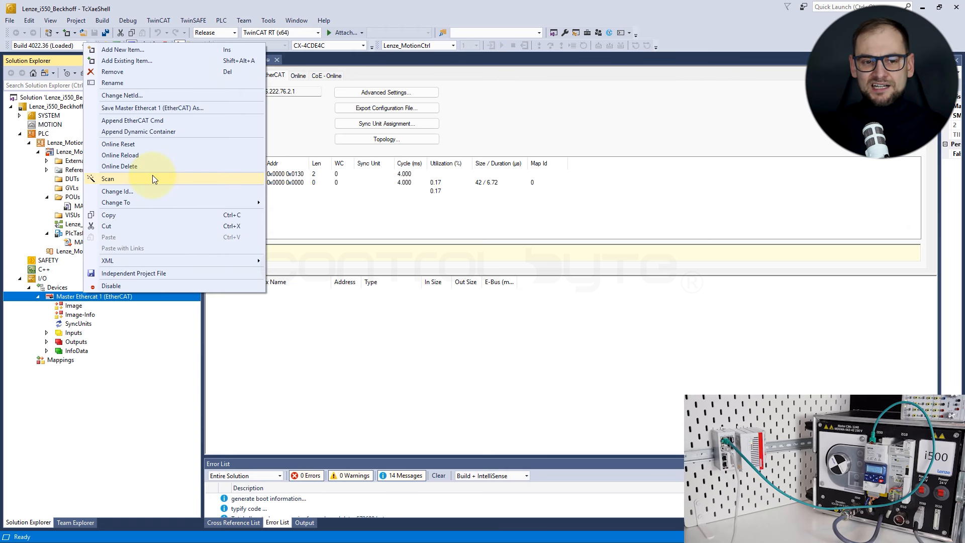 Scanning the EtherCAT network in Config Mode in TwinCAT.