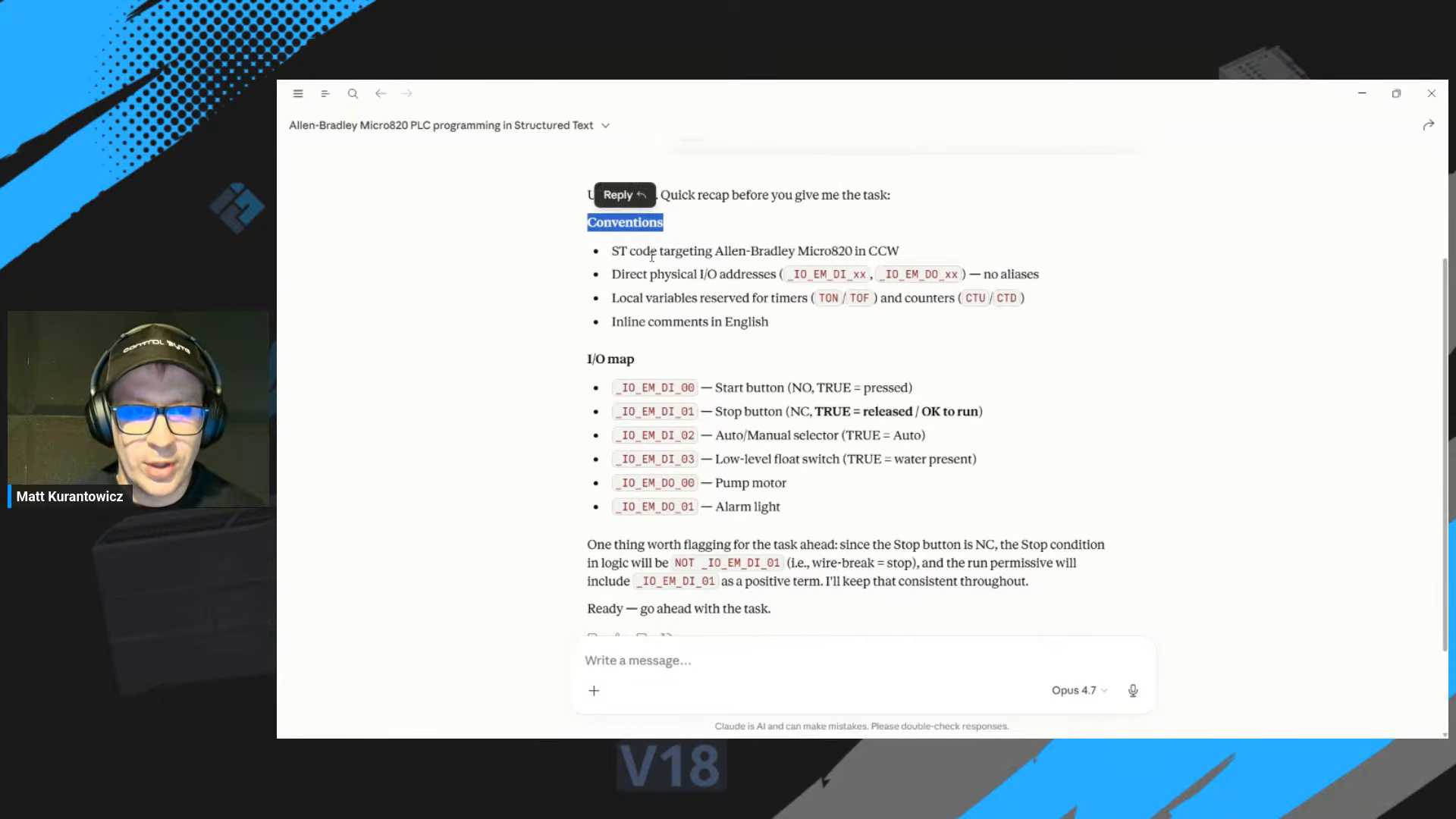 The AI recaps the I/O map and project rules before generating any code