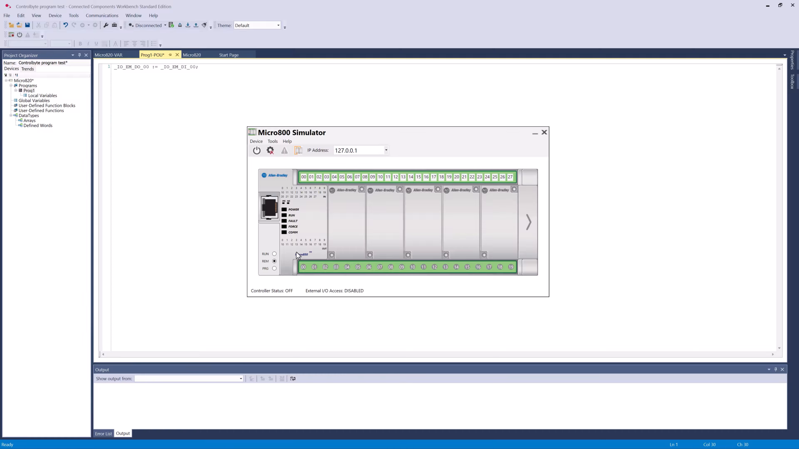 Micro800 Simulator window with a local IP address