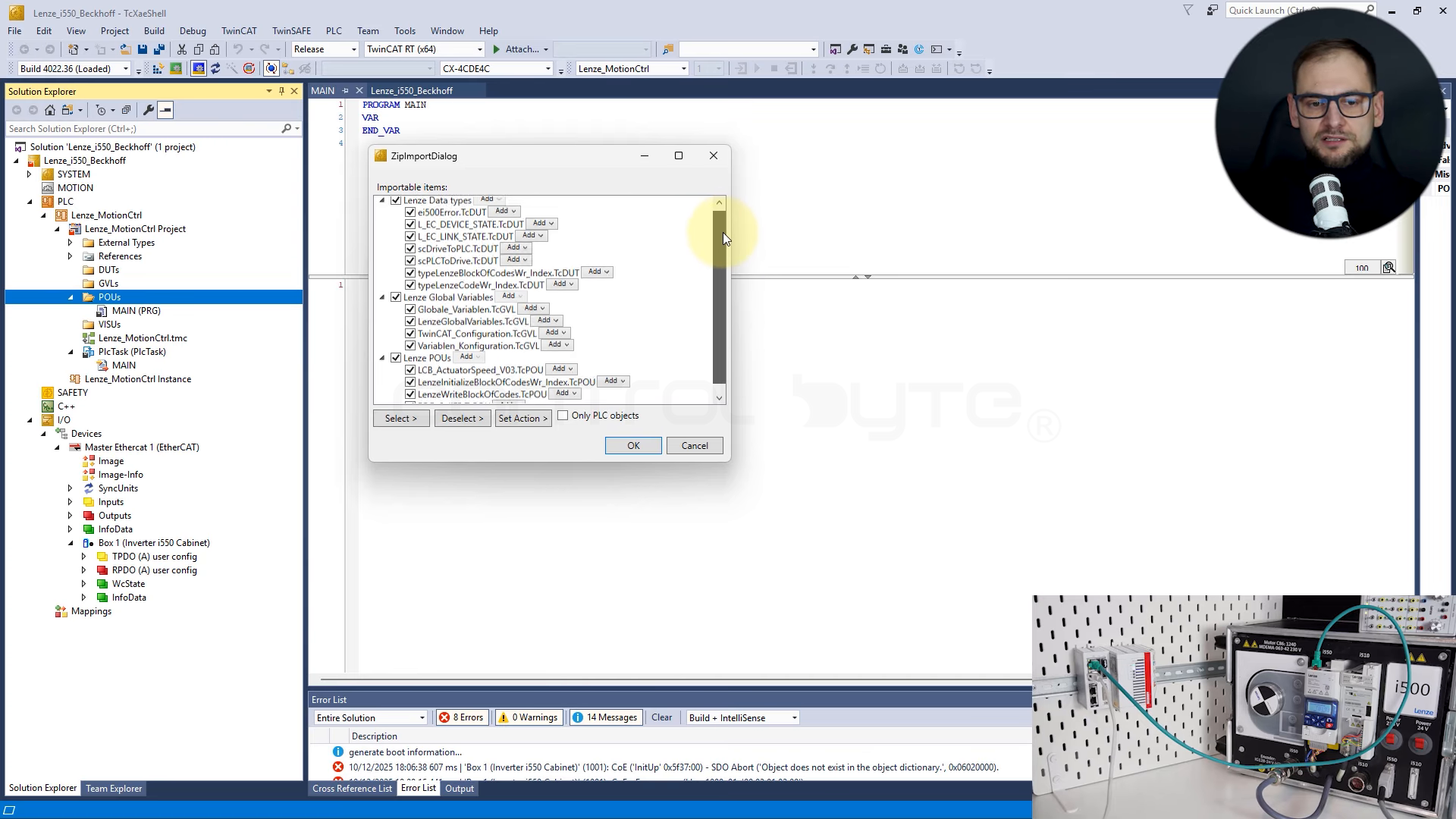 Importing libraries into the PLC project in TwinCAT (Import from ZIP).