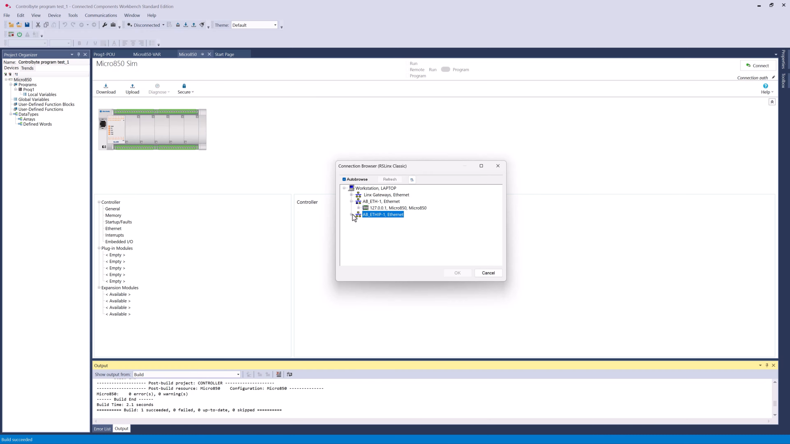 Choosing the simulator in the RSLinx connection browser