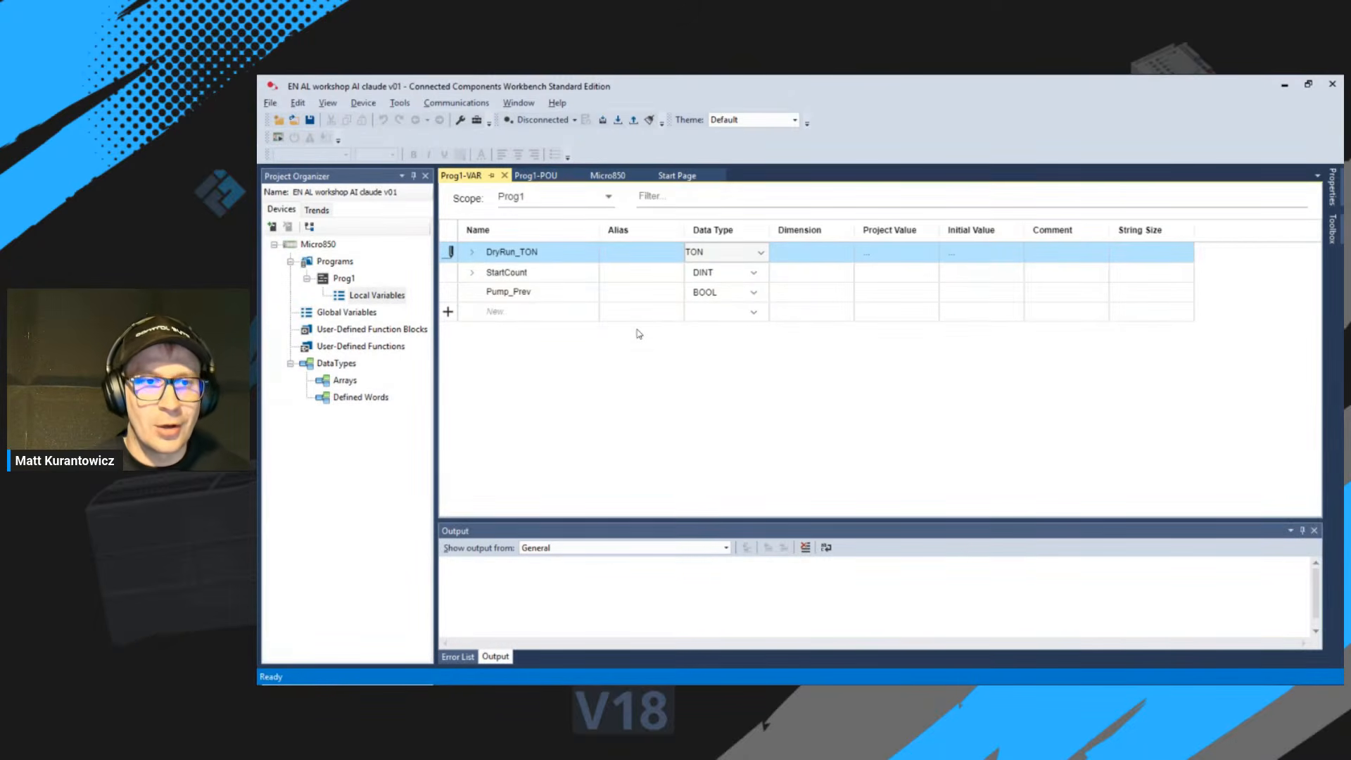 Declaring variables in the Connected Components Workbench local variable table with matching data types