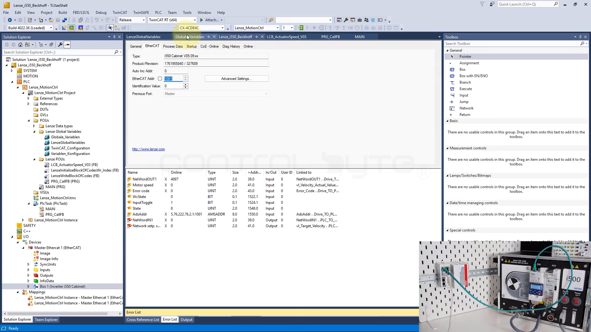 Online program view after logging in to the Beckhoff PLC.