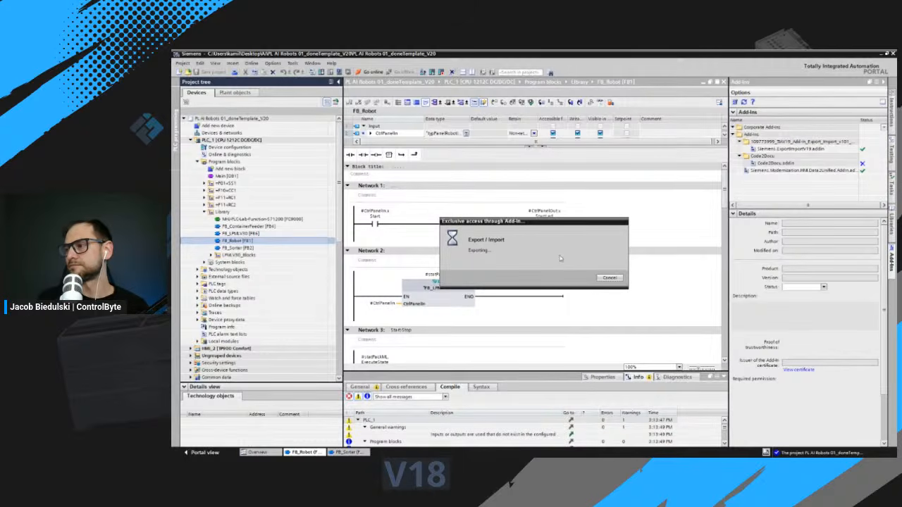 The TIA Portal export add-in producing a SimaticML file from the ladder block for SCL conversion