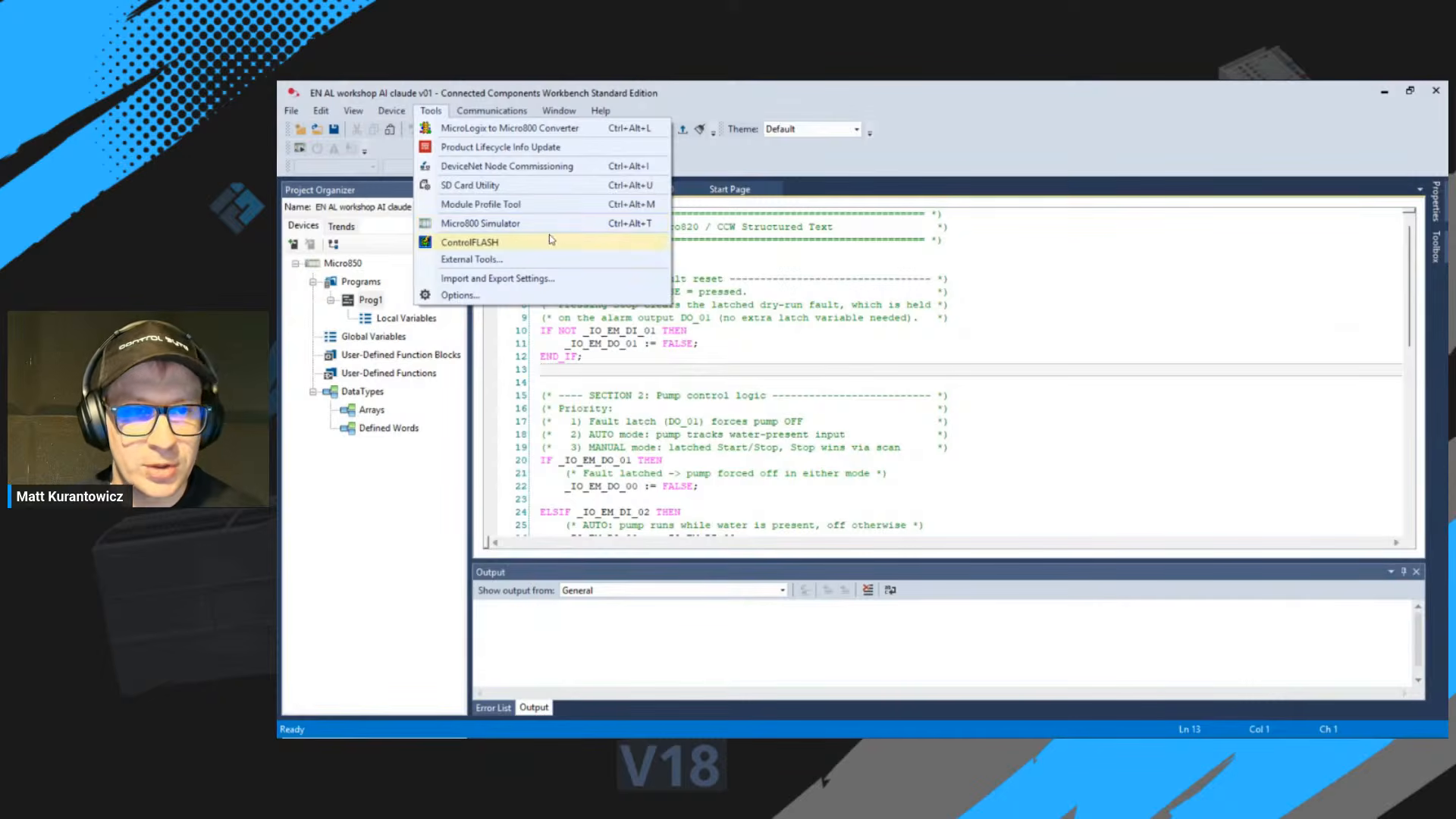Pasting the program into Connected Components Workbench and preparing to build