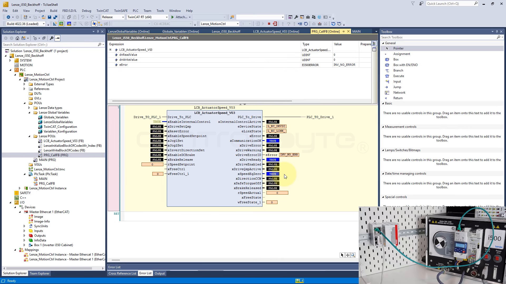 Starting the program and controlling the drive from a function block in TwinCAT.