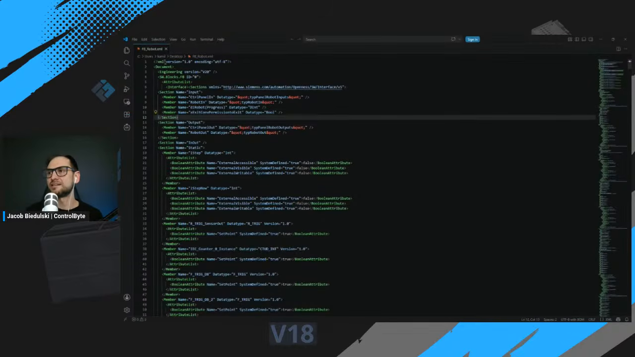 The exported SimaticML XML, the bridge format for the ladder to SCL conversion, open in an editor