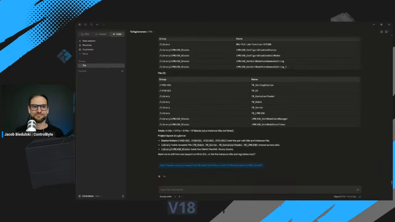 Claude Code exporting the FB_Robot block to SimaticML XML to start the ladder to SCL conversion