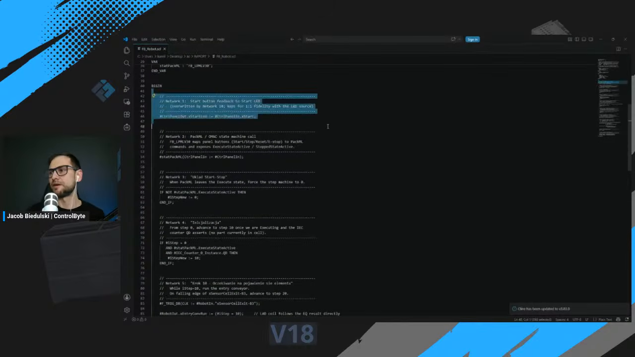 The converted SCL code with each ladder network preserved as a comment