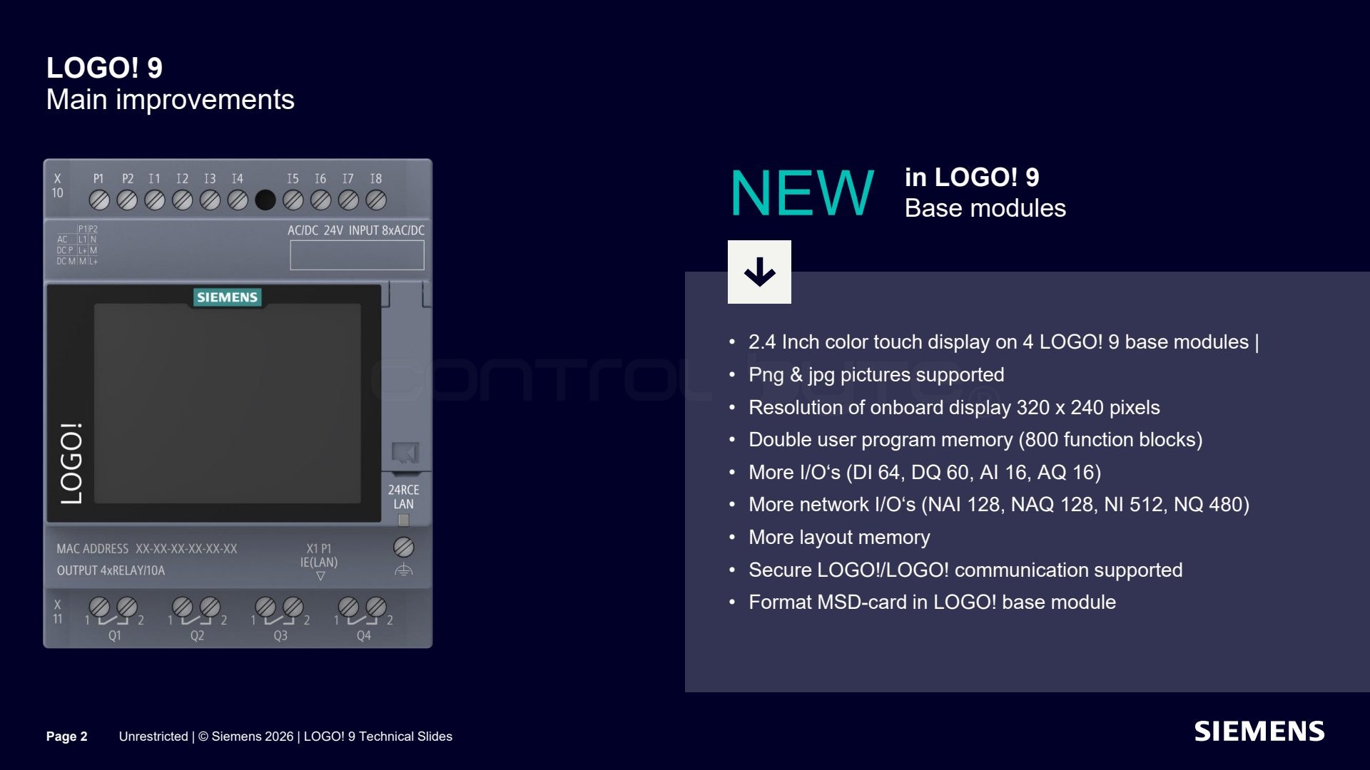 LOGO! 9 base modules with a 2.4 inch color touchscreen. Source: siemens.com, LOGO! 9 Technical Slides (Unrestricted)