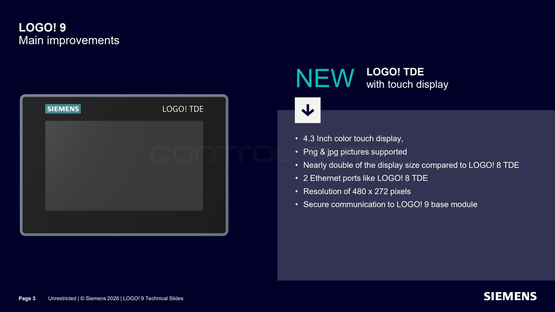 LOGO! 9 TDE panel with a 4.3 inch color touchscreen. Source: siemens.com, LOGO! 9 Technical Slides (Unrestricted)