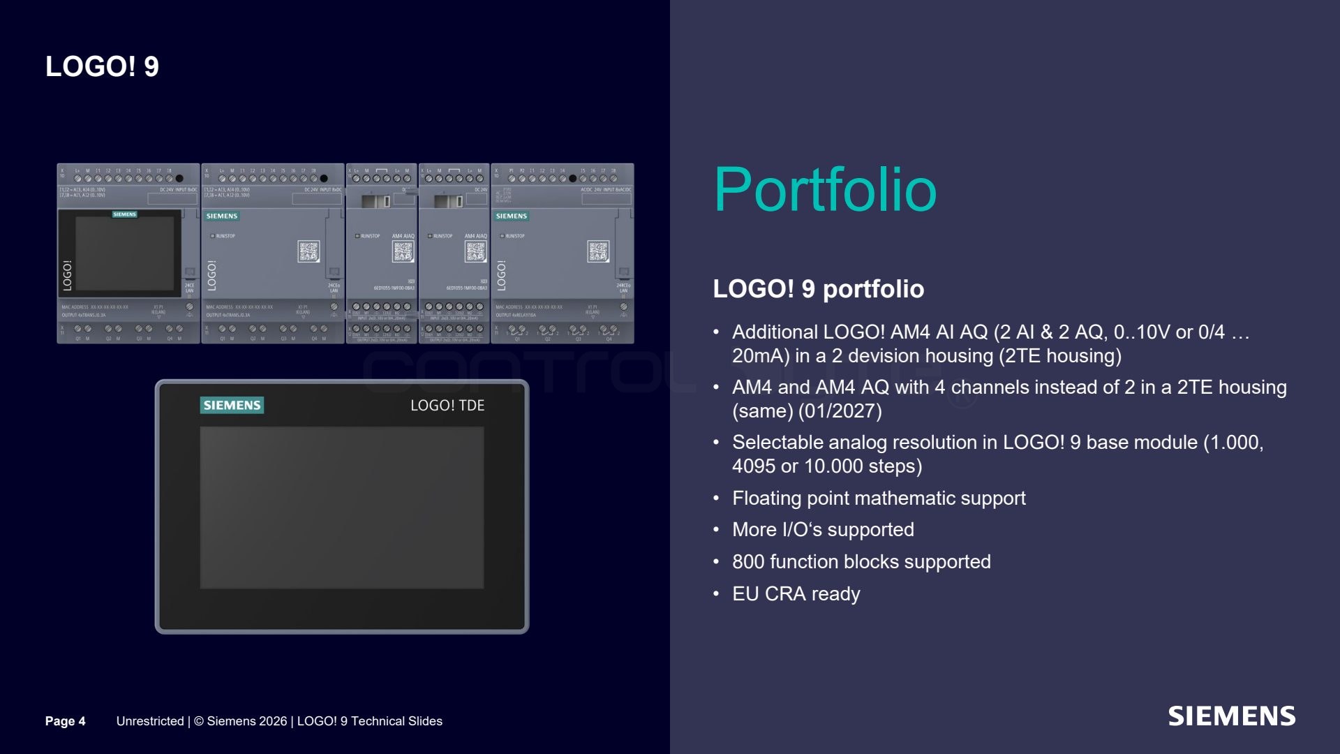 LOGO! 9 portfolio and new options. Source: siemens.com, LOGO! 9 Technical Slides (Unrestricted)