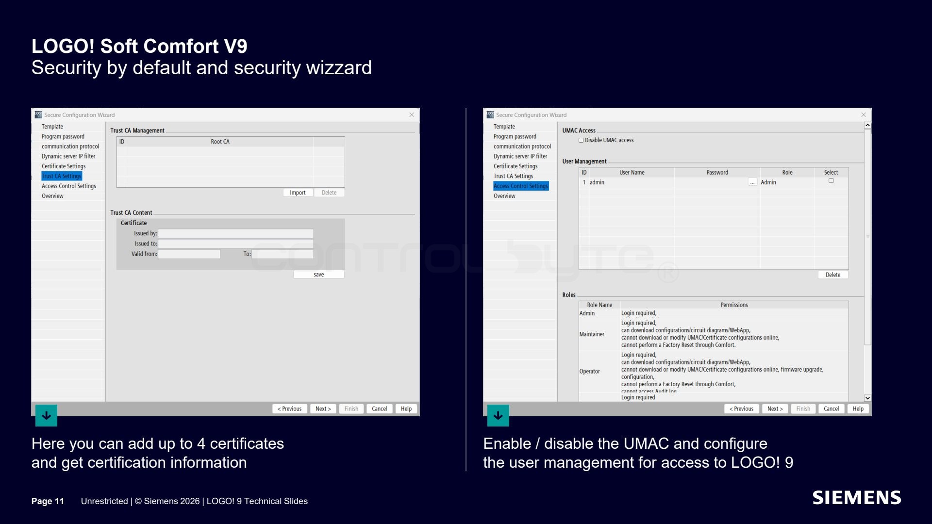 Certificates and enabling UMAC in the security wizard. Source: siemens.com, LOGO! 9 Technical Slides (Unrestricted)
