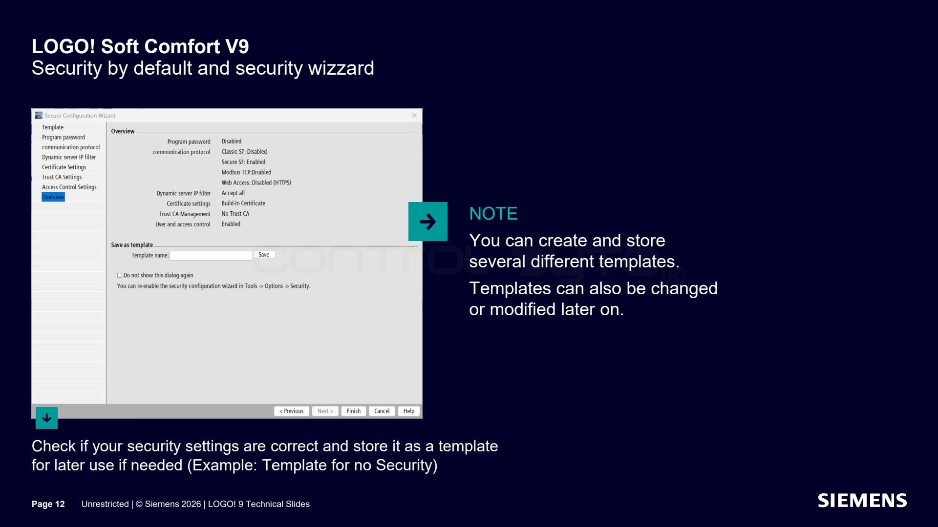 Saving the security settings as a template. Source: siemens.com, LOGO! 9 Technical Slides (Unrestricted)