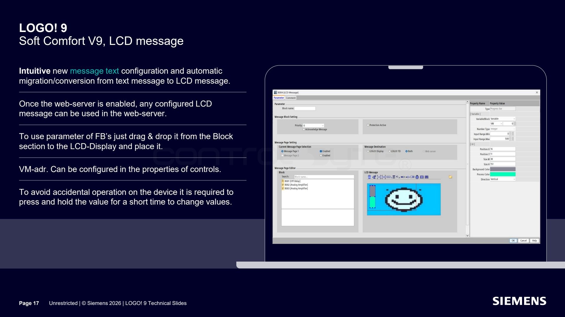 Configuring LCD messages in Soft Comfort V9. Source: siemens.com, LOGO! 9 Technical Slides (Unrestricted)