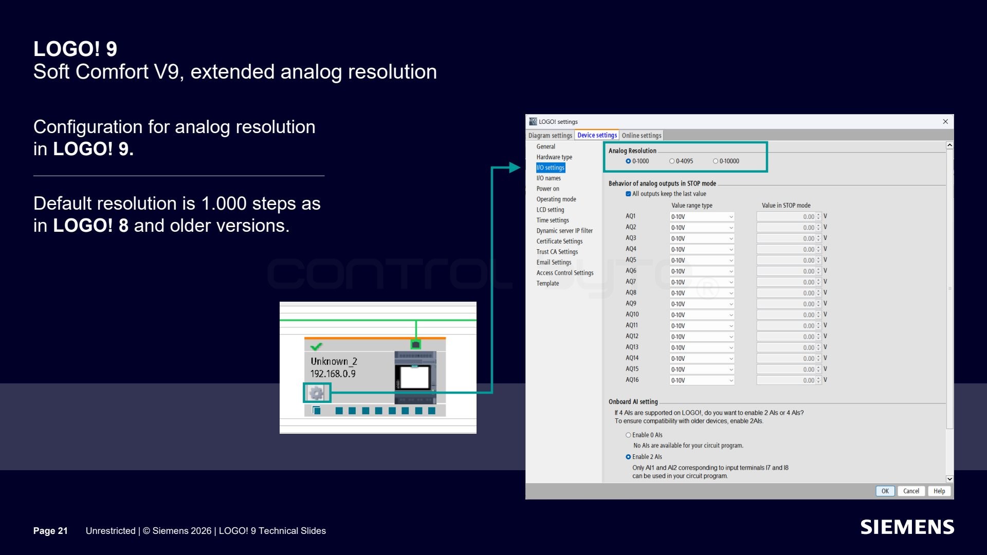 Configuring the analog resolution. Source: siemens.com, LOGO! 9 Technical Slides (Unrestricted)