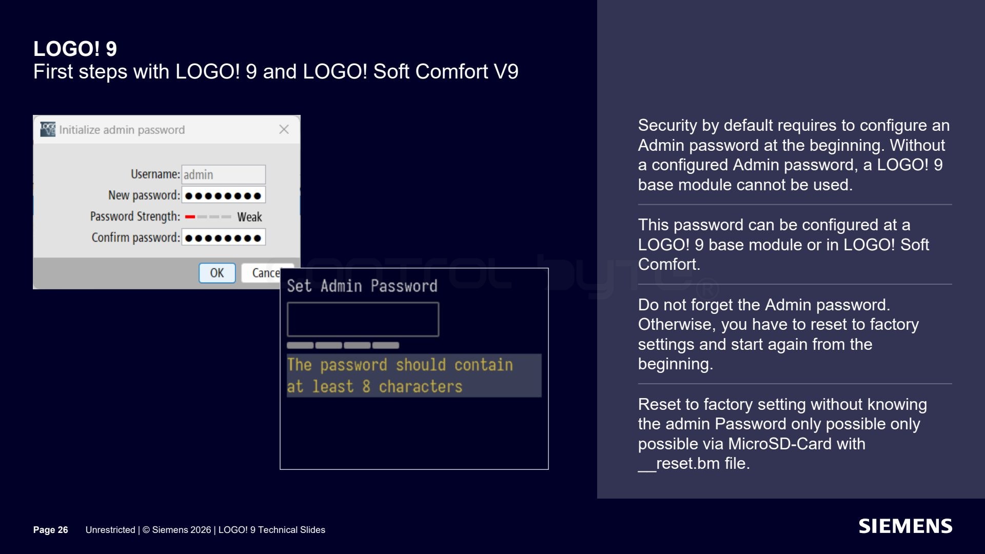 Administrator password and factory reset. Source: siemens.com, LOGO! 9 Technical Slides (Unrestricted)