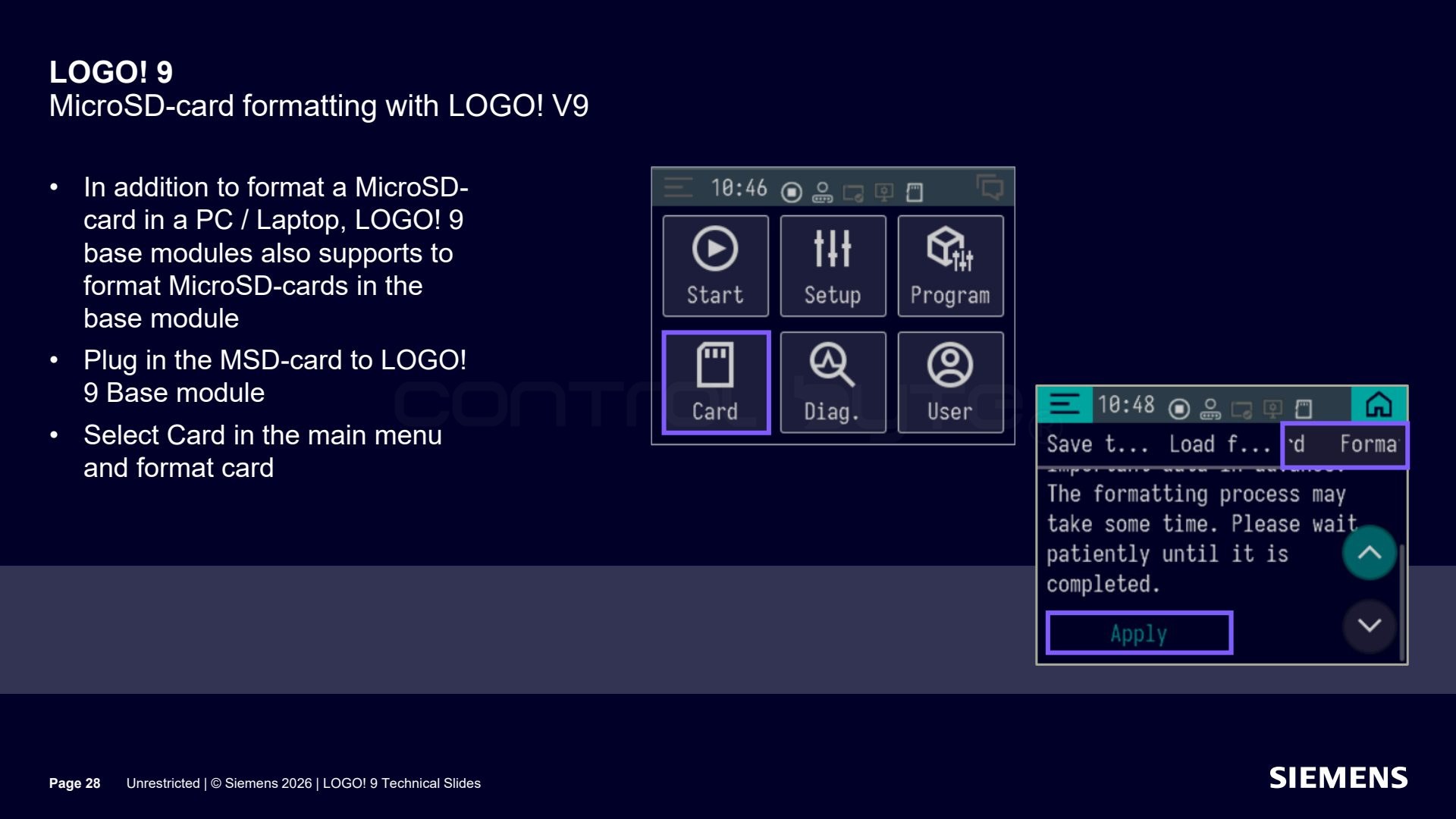 Formatting the MicroSD card on the base module. Source: siemens.com, LOGO! 9 Technical Slides (Unrestricted)