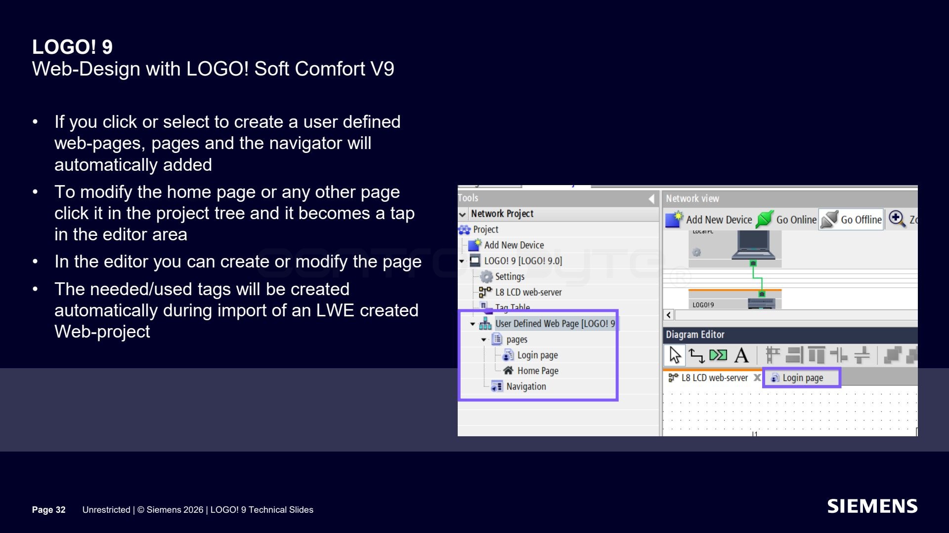 Web page editor and automatic tags. Source: siemens.com, LOGO! 9 Technical Slides (Unrestricted)