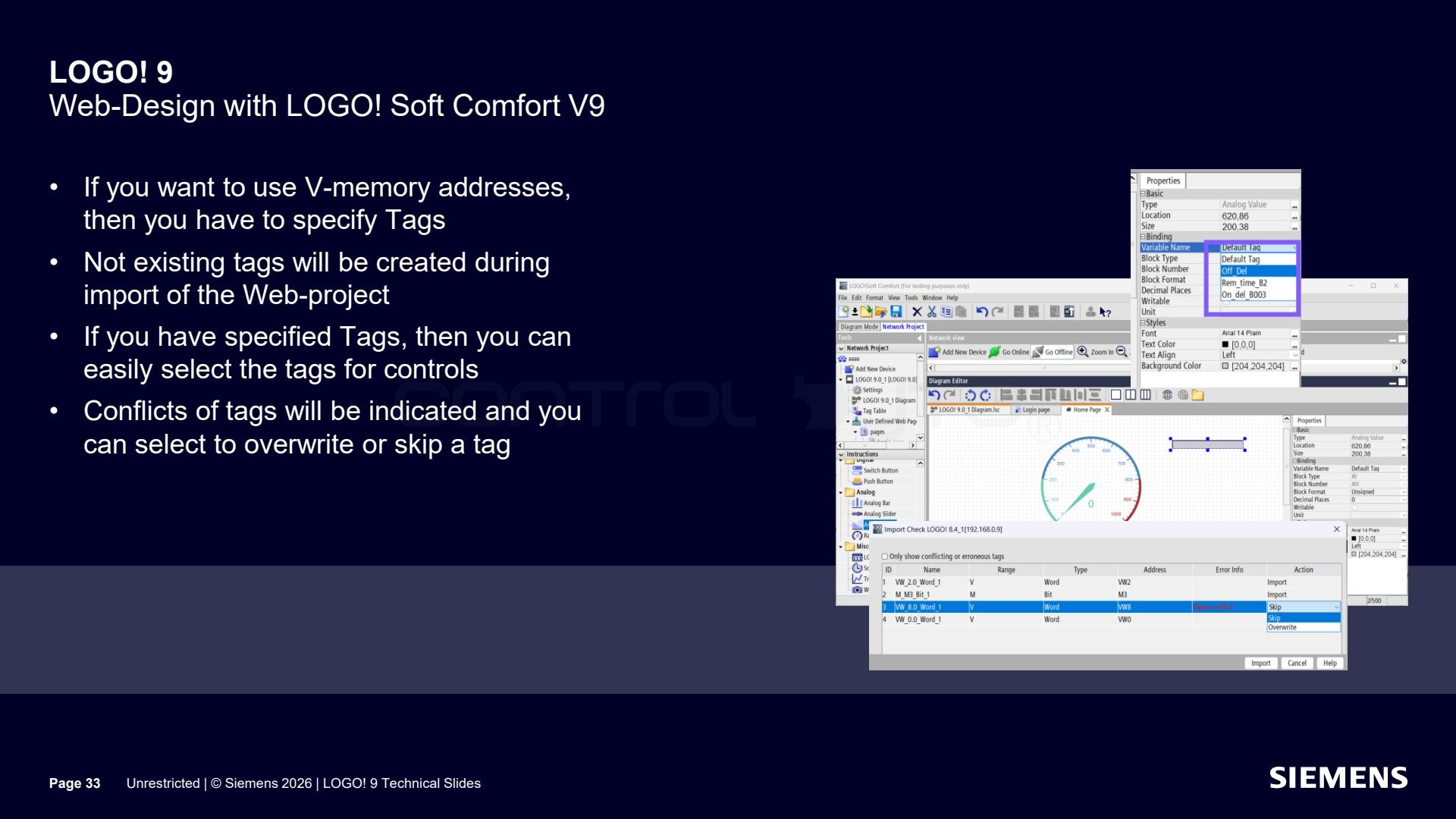 Tags for V-memory addresses and tag conflicts. Source: siemens.com, LOGO! 9 Technical Slides (Unrestricted)