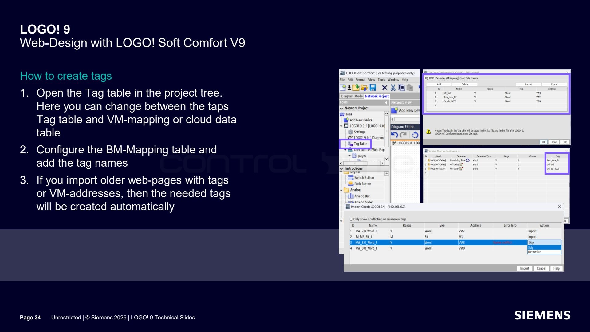 Creating tags in the tag table. Source: siemens.com, LOGO! 9 Technical Slides (Unrestricted)