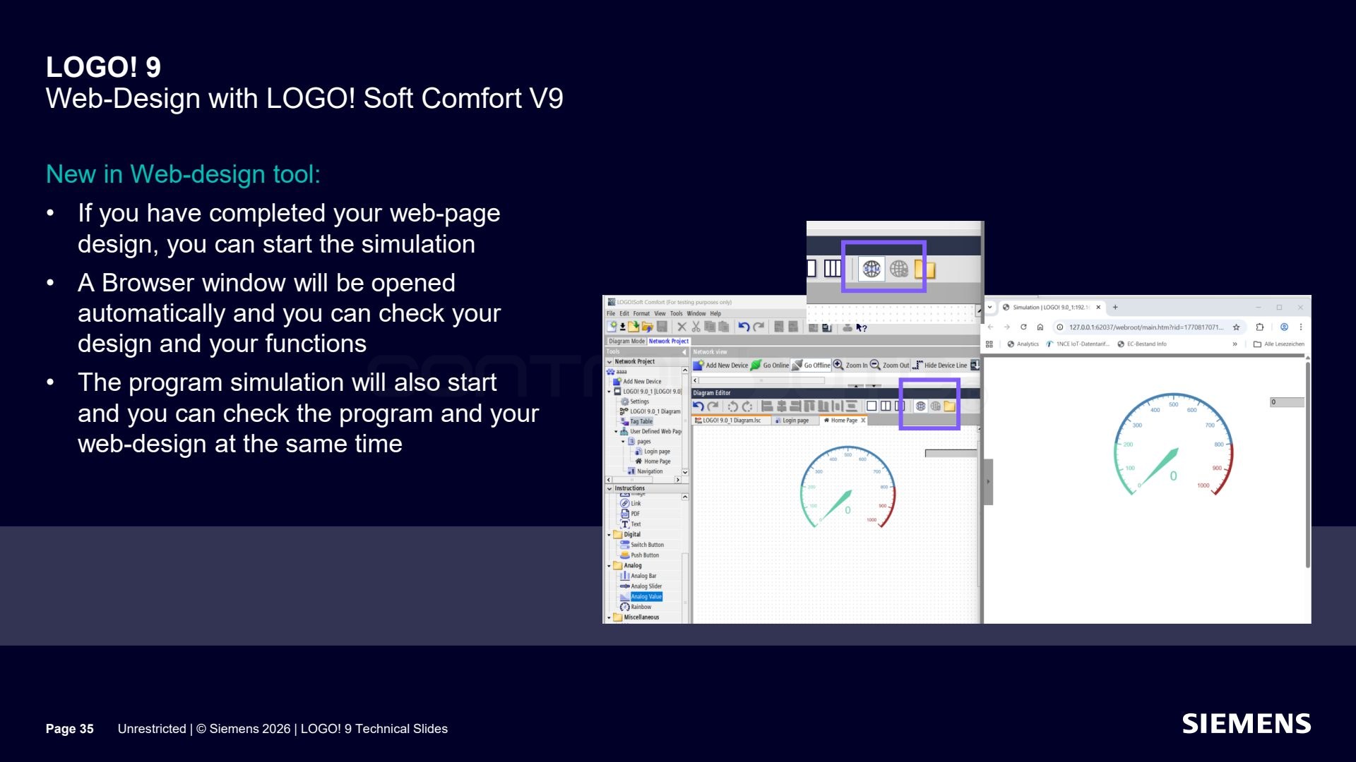 Web page and program simulation. Source: siemens.com, LOGO! 9 Technical Slides (Unrestricted)