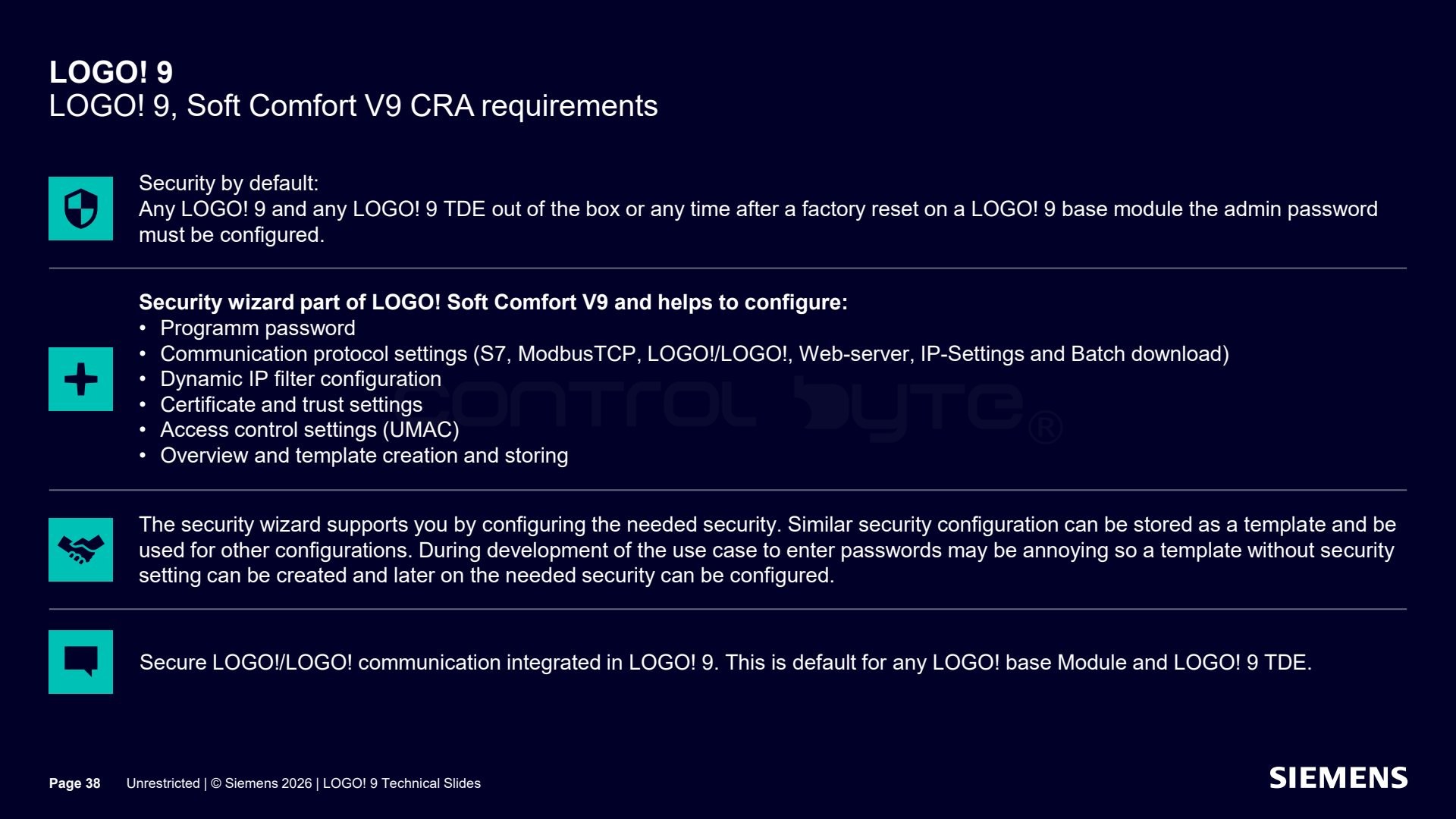 EU CRA requirements and the security wizard. Source: siemens.com, LOGO! 9 Technical Slides (Unrestricted)