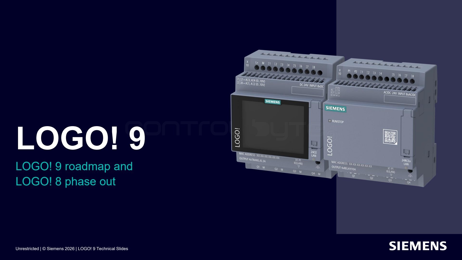 LOGO! 9 roadmap and LOGO! 8 phase-out. Source: siemens.com, LOGO! 9 Technical Slides (Unrestricted)