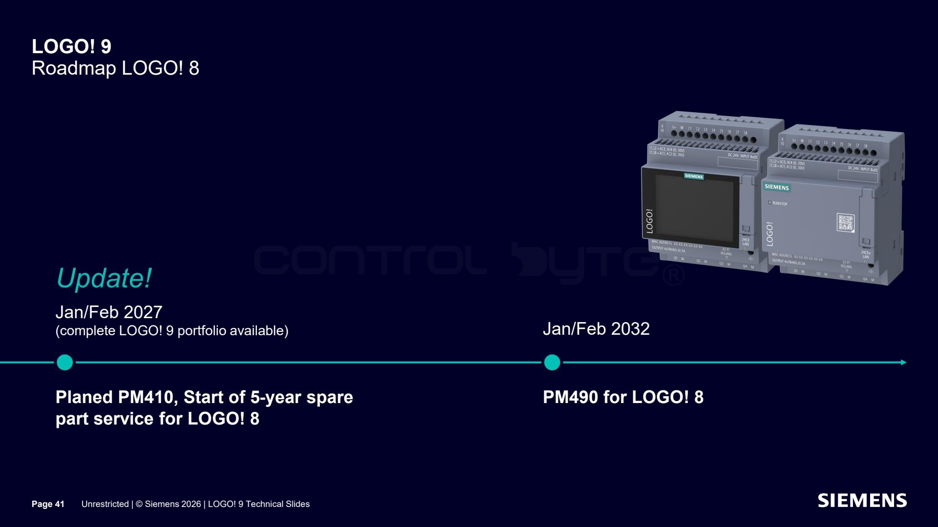 LOGO! 8 phase-out roadmap and spare parts service. Source: siemens.com, LOGO! 9 Technical Slides (Unrestricted)