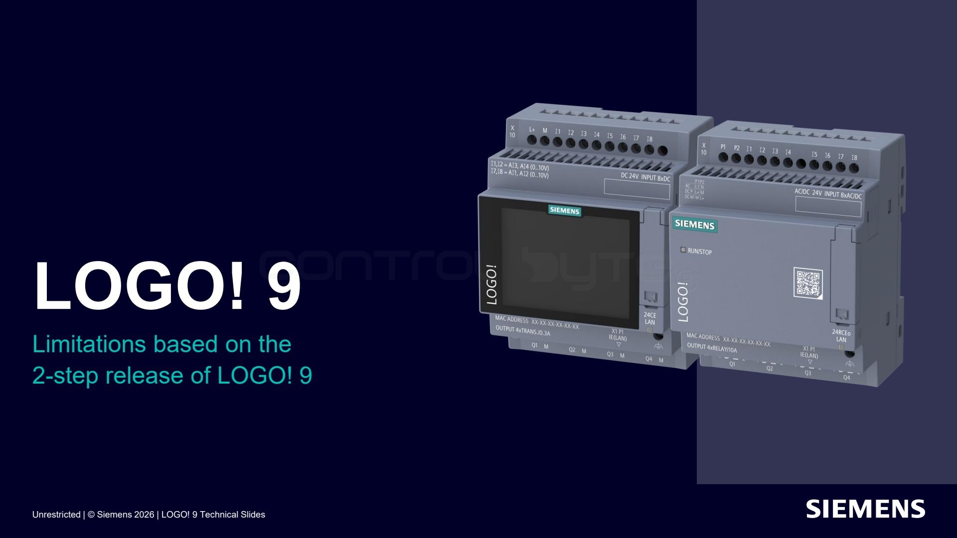 Limitations of the two-stage launch. Source: siemens.com, LOGO! 9 Technical Slides (Unrestricted)