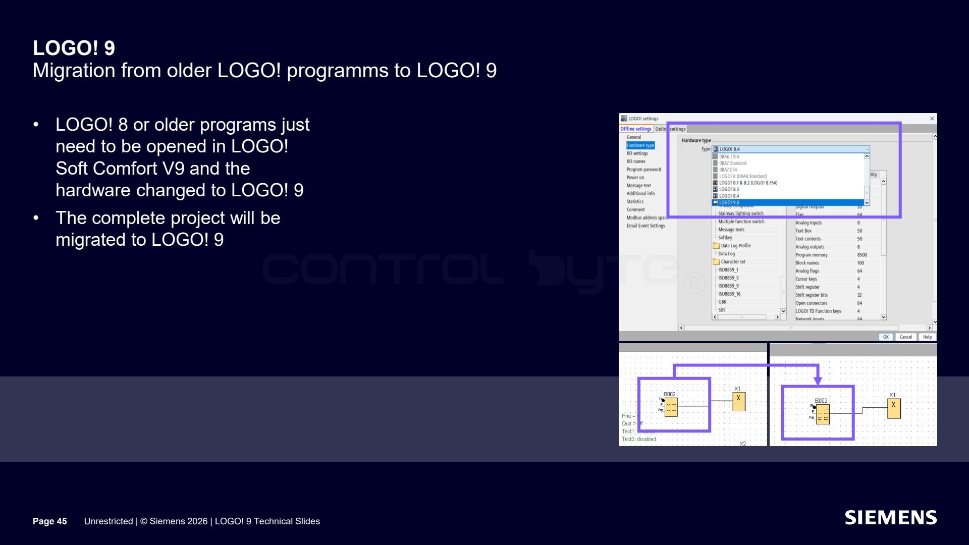 Program migration from LOGO! 8. Source: siemens.com, LOGO! 9 Technical Slides (Unrestricted)