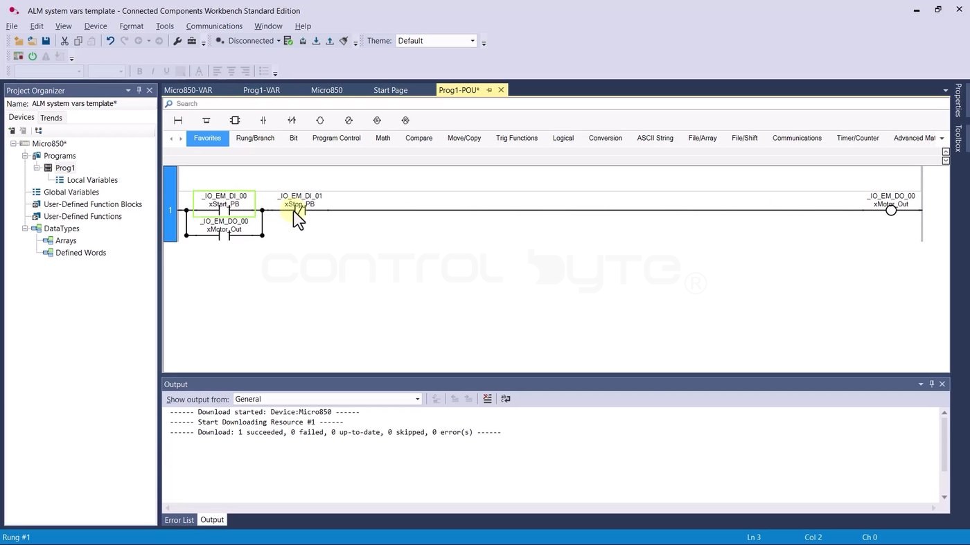Latching start/stop circuit in the Micro850 project in Connected Components Workbench