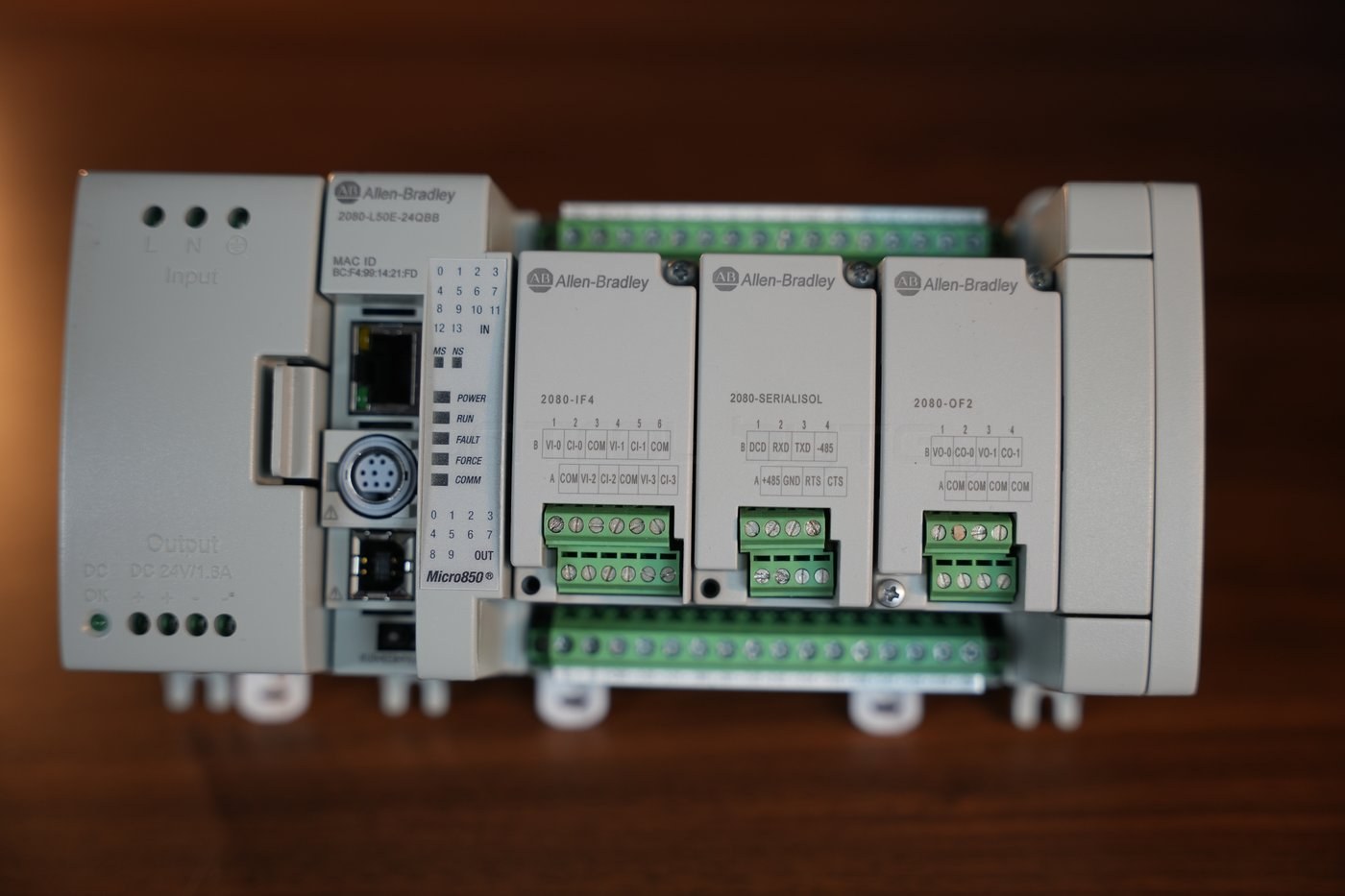 Front view of the whole set with labeled terminal blocks
