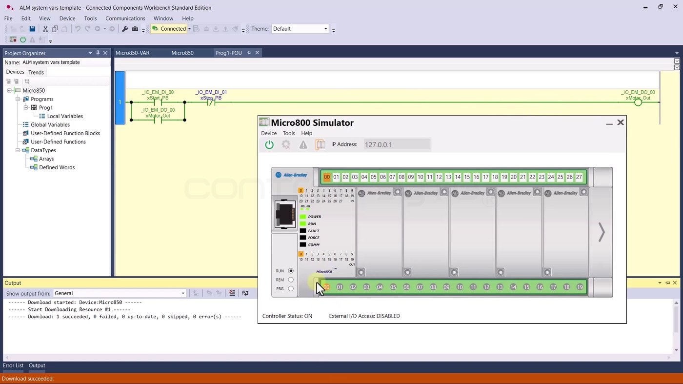 Micro800 Simulator running the downloaded latching program in RUN mode