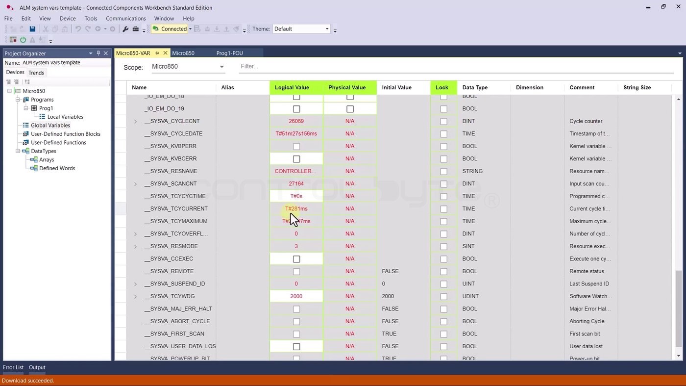Global variables table in CCW showing live system variable values, including cycle time and first scan