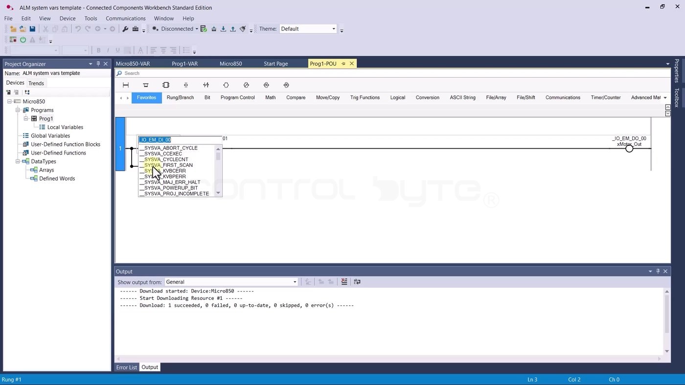 Selecting the __SYSVA_FIRST_SCAN system variable for the input contact on the rung