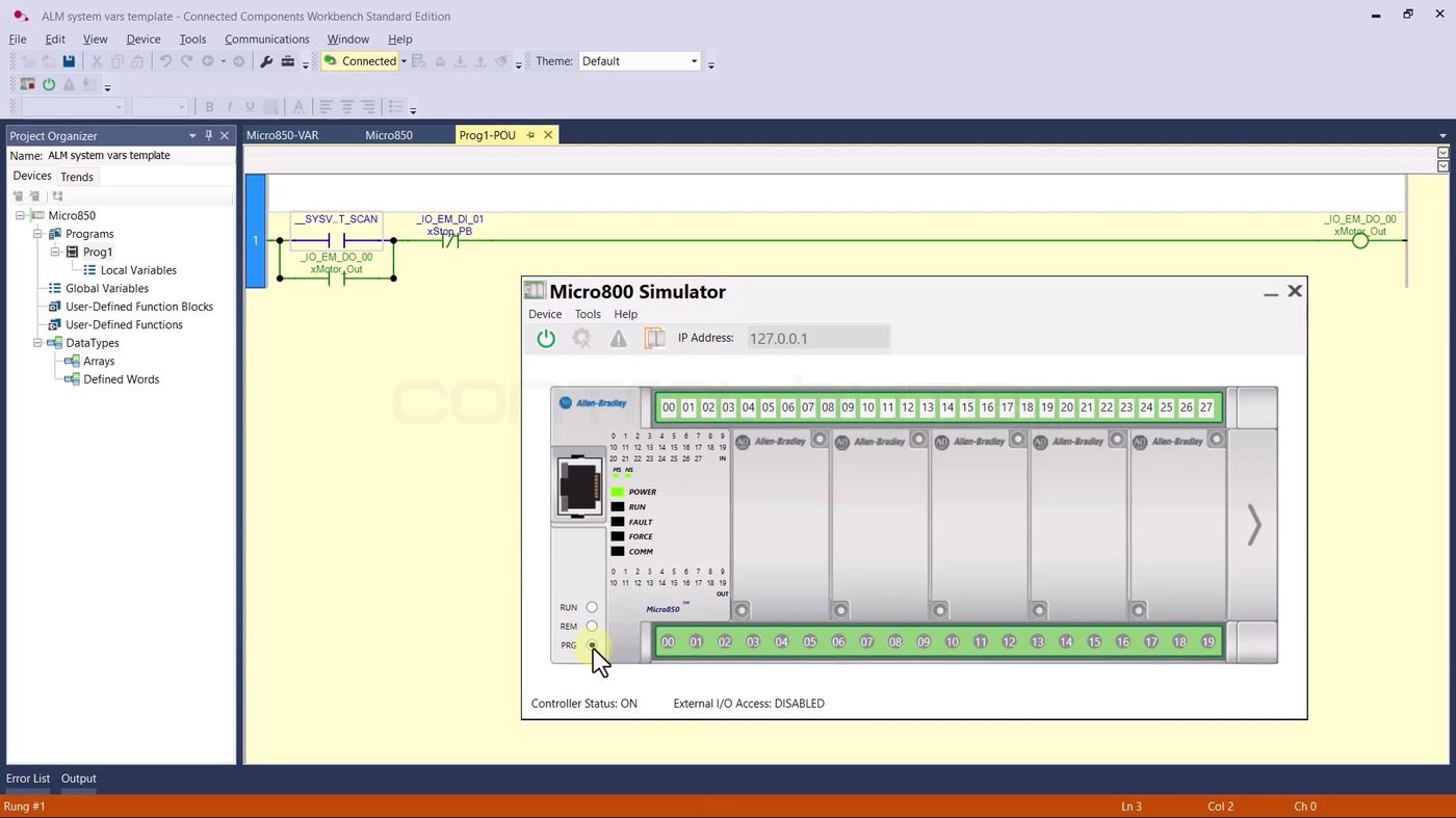 Simulator switched to PRG mode with all outputs deactivated