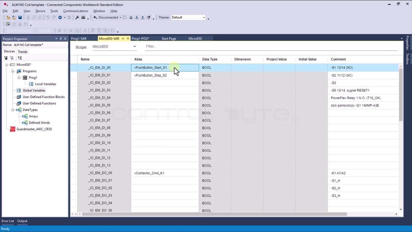 Variable table in Connected Components Workbench with aliases following the naming convention