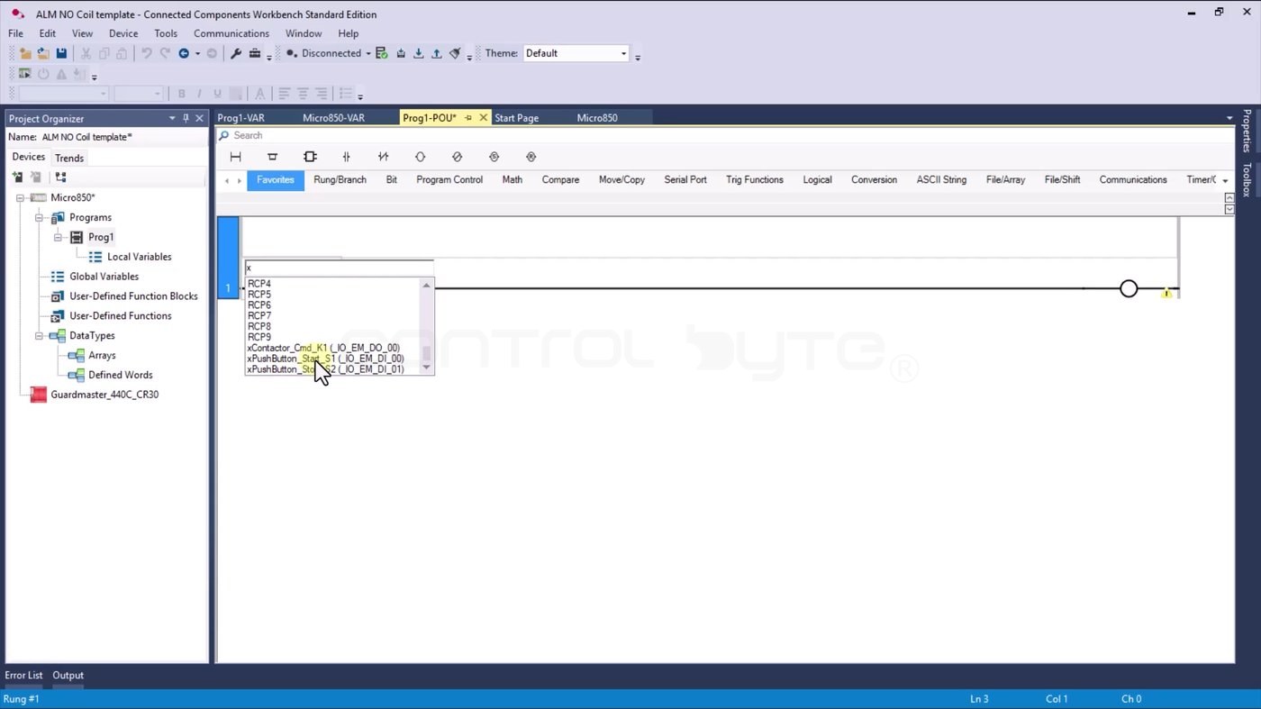 Assigning a variable to a ladder instruction from the CCW suggestion list