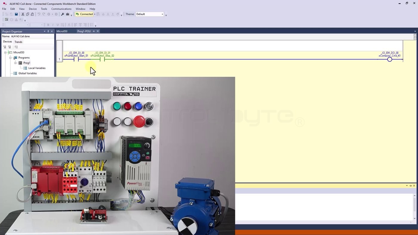 Online monitoring showing the stop contact green and the start contact blue