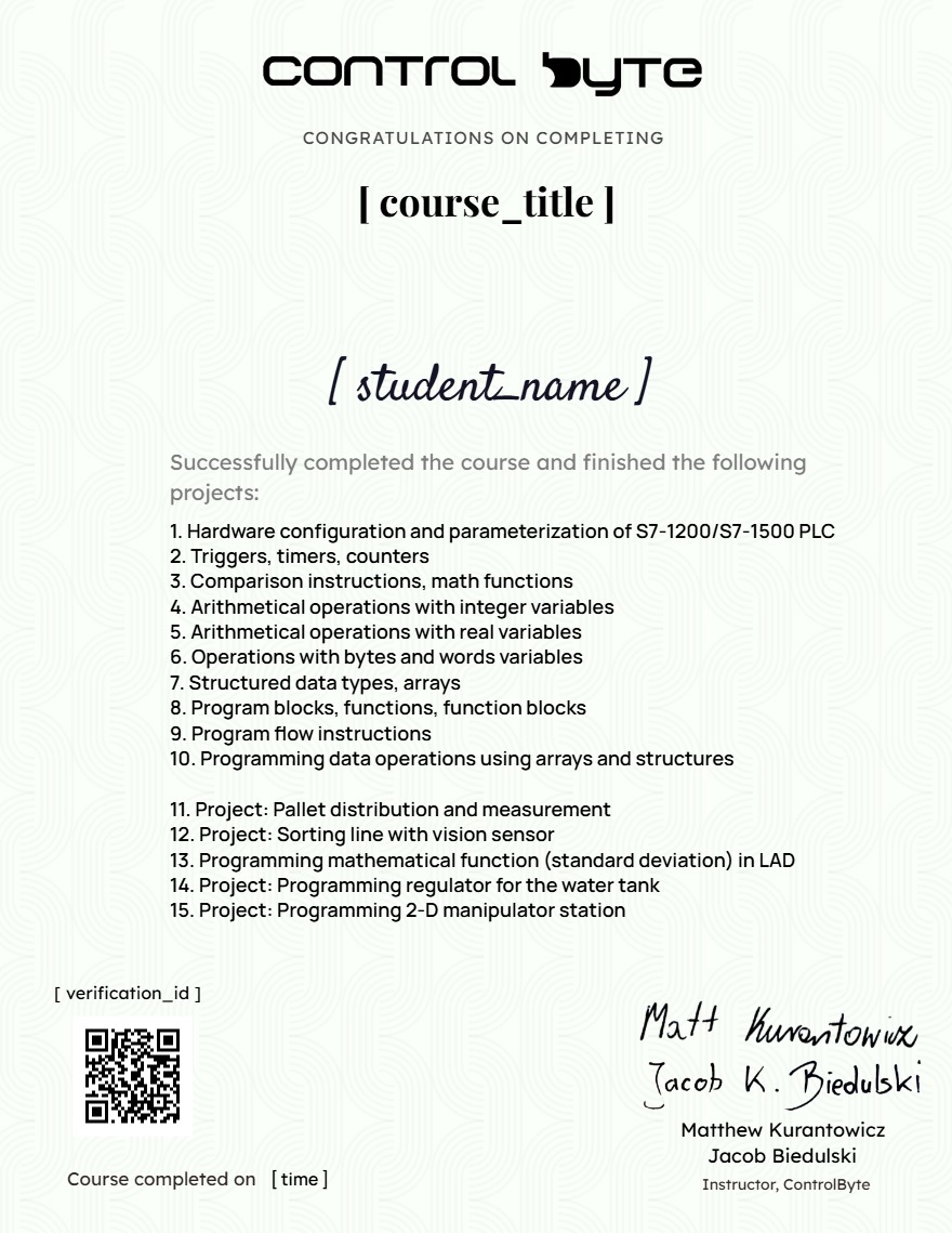 Course completion certificate Premium Siemens S7-1200, S7-1500 PLC Programming Course in LAD/FBD